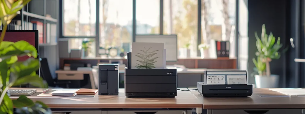 A desk featuring a printer, computer, and a plant, symbolizing a modern workspace for an online fax provider.